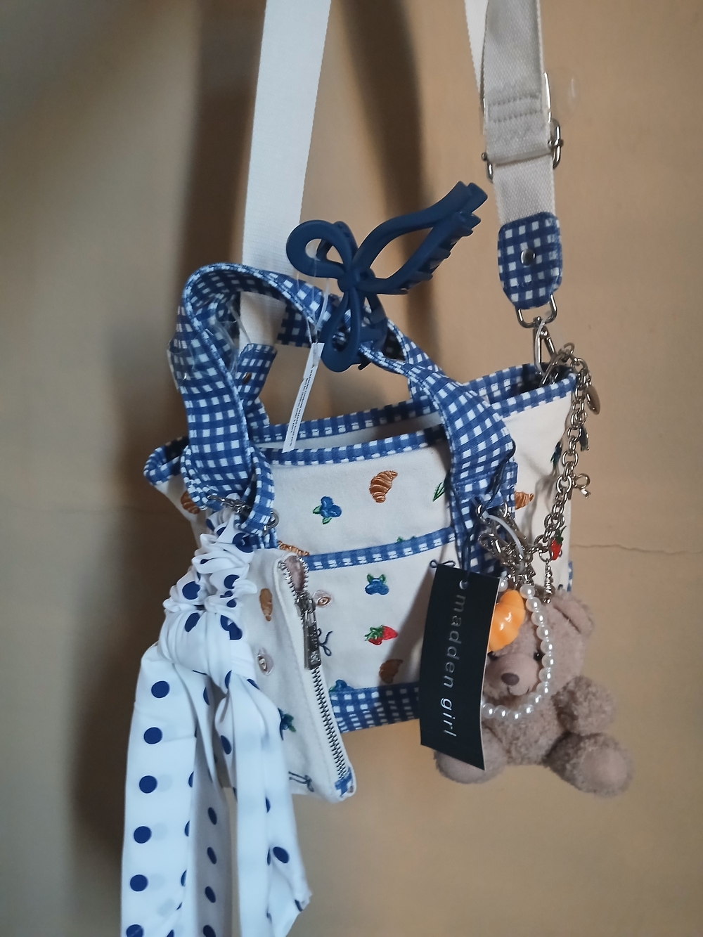 Madden Girl Blue and White Croissant And Berries  Tote with Charms